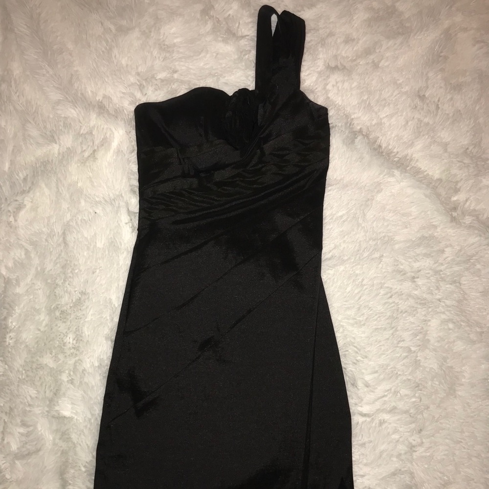 Formal Black One Shoulder Dress with Floral Detail
